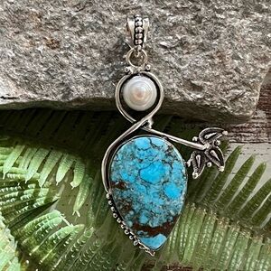 Teardrop Turquoise & Pearl Gemstone Silver 2.5” Pendant